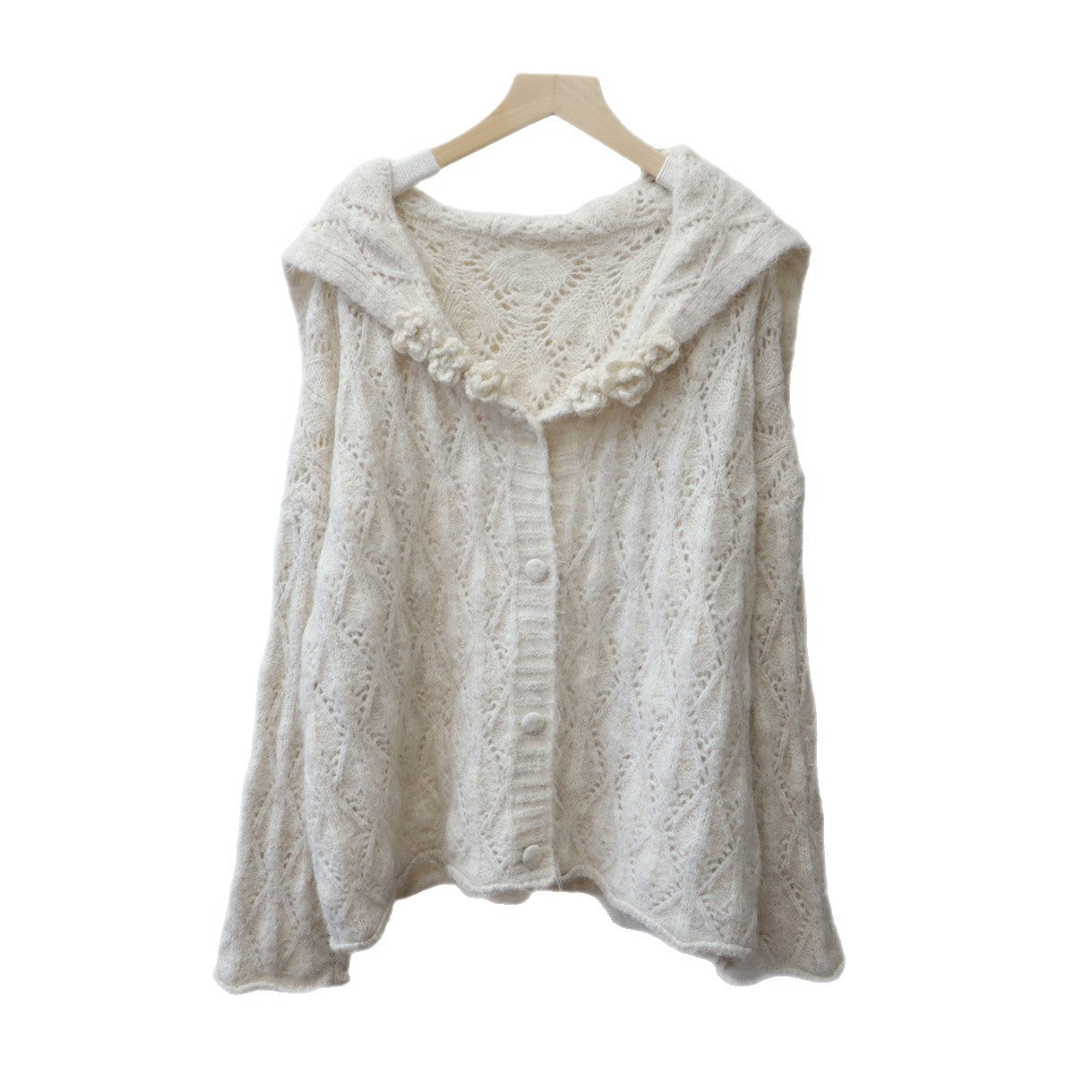 Hollow-out Three-dimensional Flower Collar Knit Cardigan Version Loose Soft Sweater Jacket for Women