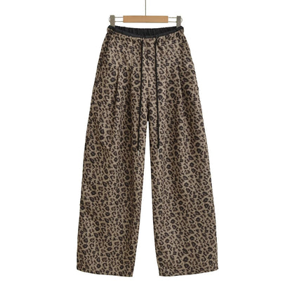 Retro color blocked loose straight leg wide leg pants with leopard print casual pants